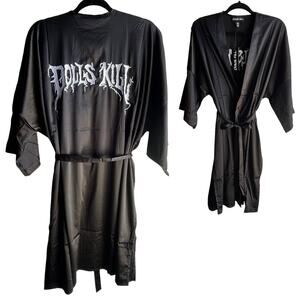 NEW Dolls Kill Logo Embroidered Black SATIN ROBE Make Up Hair Studio Spa OSFM